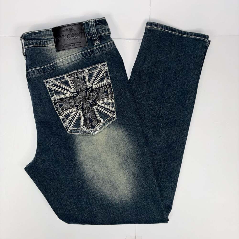 NEW Rust & Rivet Men's Skinny Fit Embroidered Cross Pocket Denim Jeans Y2K 38x32